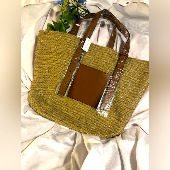 NWT  Handmade Jute adjustable strap front pocket shopper tote bag - Picture 1 of 6